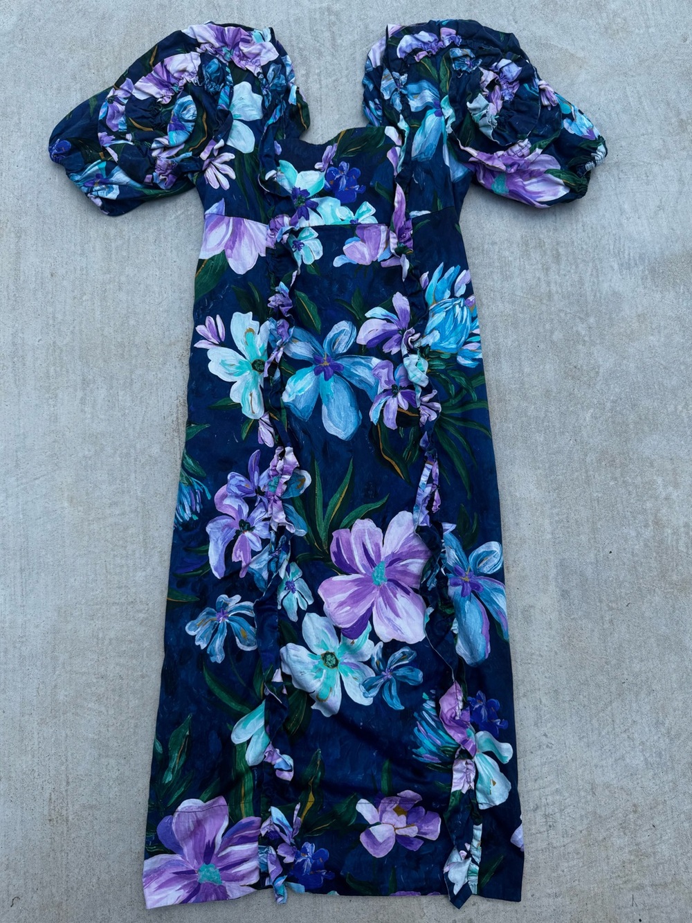 FARM Rio Navy Floral Midi Dress with Purple & Teal Blooms